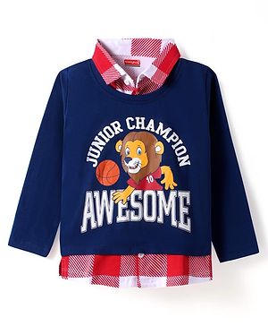 Babyhug Cotton Knit Full Sleeves Overlapped T-Shirt with Lion Graphics - Red & Navy Blue