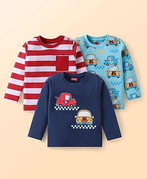 Babyhug Cotton Knit Full Sleeves T-Shirts With Vehicle Print Pack of 3 - Navy Blue Red & Light Blue