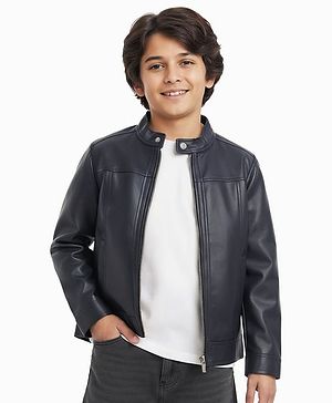Pine Kids Full Sleeves High Neck Solid Colour Leather Jacket - Black