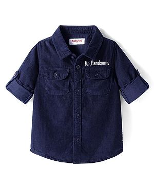 Babyhug Cotton Woven Full Sleeves Solid Corduroy Shirt with Text Embroidered - Navy Blue