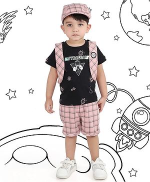 BAD BOYS Half Sleeves Space Theme Tee With Coordinating Checked Shorts Jacket & Cap - Pink