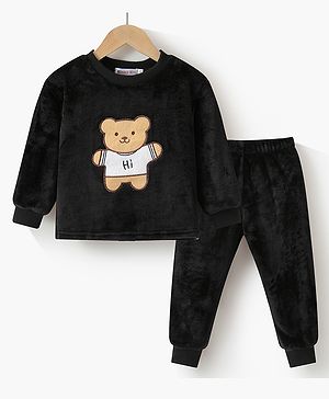 Kookie Kids Full Sleeves T-Shirt & Lounge Pants Winter Wear Set With Teddy Applique - Black