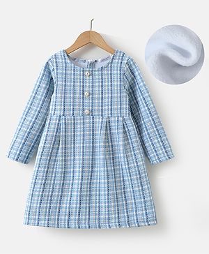 Mark & Mia Full Sleeves Winter Frock With Checks & Beads Design - Light Blue