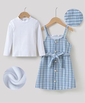 Mark & Mia Checkered Winter Wear Frock With Solid Full Sleeves Inner Tee - Light Blue