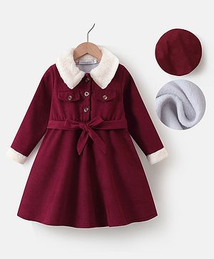 Mark & Mia Full Sleeves Collared Solid Winter Wear Frock - Maroon