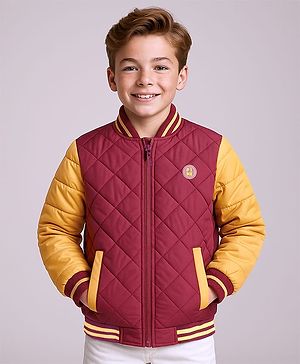 Pine Kids Cotton Knit Full Sleeves Bomber Jacket with Patch Detailing - Maroon & Yellow