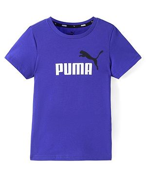 PUMA Cotton Knit Half Sleeves Solid T-Shirt with Logo Print - Blue