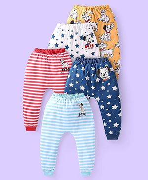 Babyhug Disney Interlock Knit Full Length Diaper Legging with 101 Dalmatians Graphics Pack of 5 - Blue Red & White