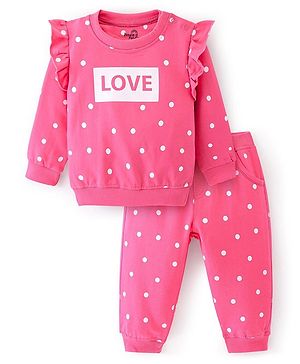 Doodle Poodle Cotton Knit Full Sleeves Frill Detailed T-Shirt & Lounge Pants Set With Text & Polka Dots Print - Pink