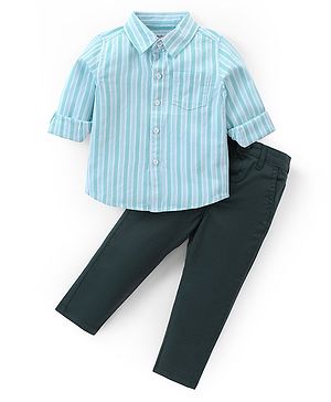 Babyhug Cotton Woven Full Sleeves Striped Shirt & Pants Set - Blue & Black