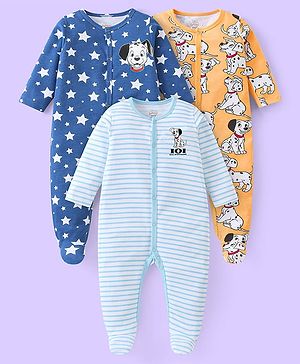 Babyhug Disney Cotton Knit Full Sleeves Sleepsuits With 101 Dalmatians & Lion King Graphics Pack Of 3 - Light Blue Orange & Blue