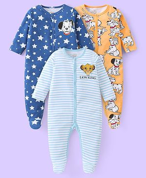 Babyhug Disney Cotton Knit Full Sleeves Sleepsuits With 101 Dalmatians & Lion King Graphics Pack Of 3 - Light Blue Orange & Blue