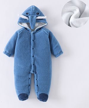 Kookie Kids Full Raglan Sleeves Hooded Winter Wear Romper With Elephant Face  Applique - Blue