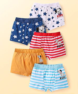 Babyhug Disney Lycra Knit Trunks with  Striped Star & 101 Dalmatians Print  Pack of 5 - White Red & Navy