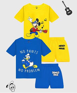 KUCHIPOO Pack Of 2 Mickey & Friends Featuring Half Sleeves Mickey & Donald Duck Printed T-Shirts &  Shorts - Yellow &  Blue