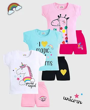 KUCHIPOO Pack Of 2 Half Sleeves
                              Unicorn & Giraffee Printed Cotton T
                              Shirts & Shorts - Multi Colour