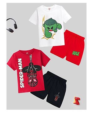 KUCHIPOO Marvel Featuring Pack Of 2 Half Sleeves Spiderman & Hulk Printed Tees & Shorts Set - White Red & Black