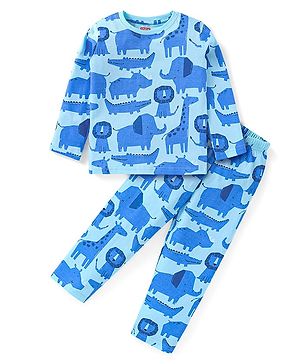 Babyhug Cotton Knit Full Sleeves Night Suit Animal Print - Blue