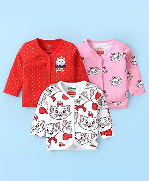 Babyhug Disney Interlock Knit Full Sleeve Jhablas with Marie Graphics & Polka Dot Print Pack of 3 - White Pink & Red