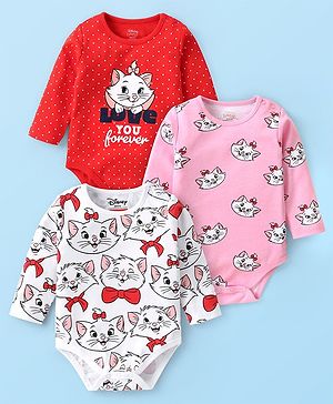 Babyhug Disney  Interlock Knit Full Sleeve Onesies with Aristocats - Marie Graphics Pack of 3 - Red Pink & White