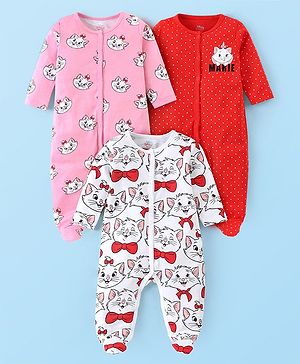 Babyhug Disney Interlock Knit Full Sleeves Sleep Suits with Stripes & Aristocats Graphics Pack of 3 - Pink Red & White