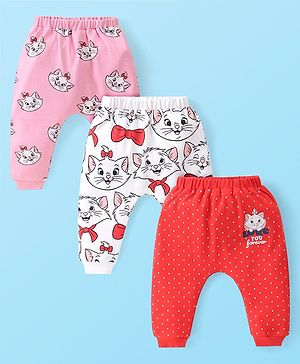 Babyhug Disney Full Length Interlock Diaper Leggings With Aristocats Marie Graphics Pack of 3 - White Pink & Red