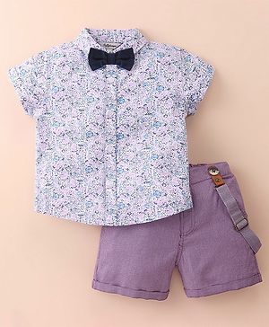 ToffyHouse 100% Woven Cotton Poplin Half Sleeves Floral Printed Shirt & Yarn Dyed Checkered Shorts With Bow & Suspender - Lavender