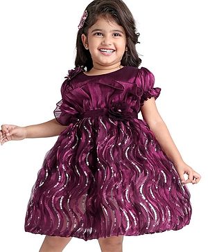 Babyhug Woven Puffed Sleeves Fit & Flared Sequined Ruffled Party Frock with Floral Applique - Wine