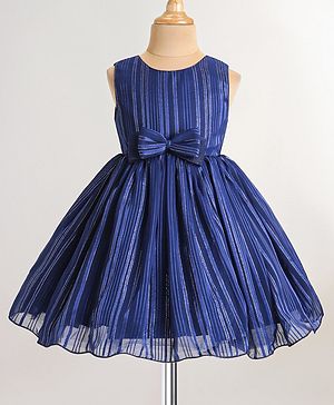 Babyhug Woven Sleeveless Fit & Flared Striped Party Frock with Bow Detailing - Blue