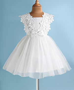 Babyhug Woven Sleeveless Fit & Flared  Party Frock with Bow Applique & Lace Detailing - White