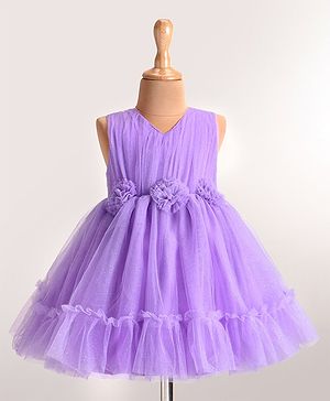 Babyhug Woven Sleeveless Mesh Dress With Corsage Applique - Lavender