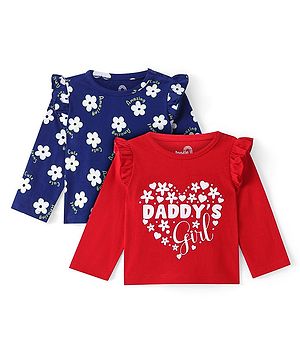 Doodle Poodle 100% Cotton Knit Full Sleeves Floral & Text Printed Tops with Frill Detailing Pack of 2 - Red & Navy Blue