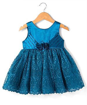 Babyhug Woven Sleeveless  Sequined Embroidered Party Frock with Pleats & Floral Detailing - Teal Blue