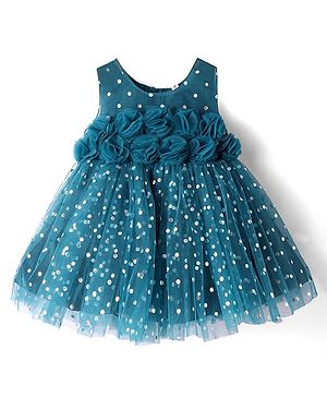 Babyhug Woven Sleeveless Fit & Flared Textured Foil Printed Party Dress with Floral Applique - Teal Blue