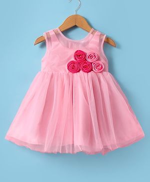 Babyhug Woven Sleeveless Fit & Flared Party Dress with Floral Applique - Pink