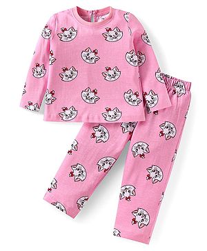 Babyhug Disney Interlock Knit Full Sleeves Night Suit With Aristocats Marie Graphics - Pink