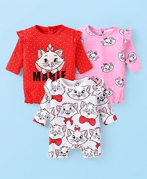 Babyhug Disney Interlock Knit Full Sleeves Rompers with Frill Detailing &  Aristocats Marie Graphics Pack of 3 - Pink Red & White