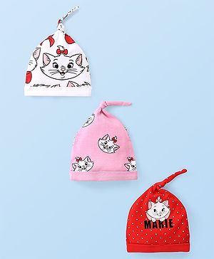 Babyhug Disney Caps Aristocats Marie Graphic With Knot Detailing Pack of 3 - Pink Red & White
