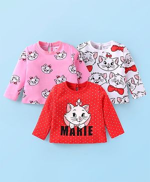 Babyhug Disney Single Jersey Knit Full Sleeves T-Shirts With Aristocats Marie Graphics Pack Of 3 - Pink Red & White