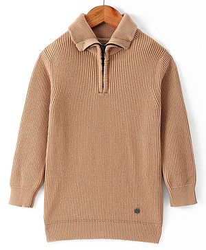 Smarty Boys 100% Cotton Flatknit Full Sleeves Pullover Sweater With Polo Neck & Solid Colour - Beige