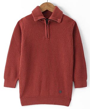 Smarty Boys 100% Cotton Flatknit Full Sleeves Pullover Sweater With Polo Neck & Solid Colour - Maroon