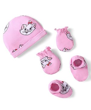 Babyhug Disney Interlock Knit Cap Mittens & Booties With Marie Graphics Pink - Diameter 9 cm