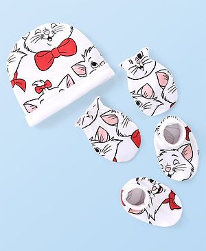 Babyhug Disney Interlock Knit Cap Mittens & Booties Set with Aristocats Marie Graphics - White