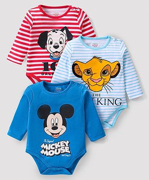 Babyhug Disney Interlock Knit Full Sleeves Striped Onesies with  101 Dalmatians  Mickey Mouse & The Lion King Graphics Pack of 3 - Blue & Red