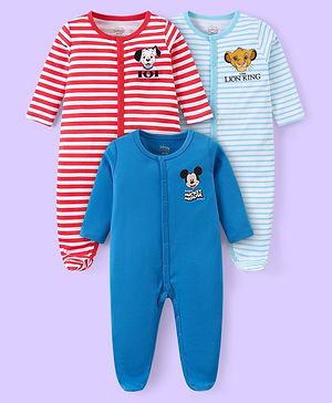 Babyhug Disney Cotton Knit Full Sleeves Striped Sleep Suits With Mickey Mouse 101 Dalmatians & Lion King Graphics Pack Of 3 - Blue Red & Sky Blue