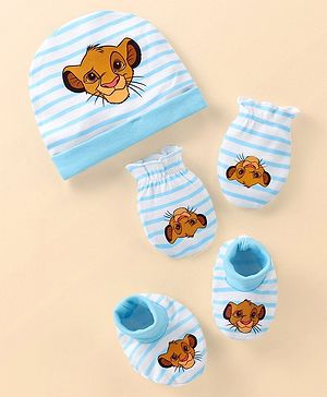 Babyhug Disney Interlock Knit Lion Graphics Cap With Mittens & Booties - Sky Blue