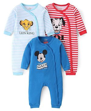 Babyhug Disney Cotton Knit Full Sleeves Striped Sleep Suits With Lion King Mickey Mouse & 101 Dalmatians Graphics Pack Of 3 - Blue & Red