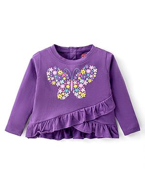 Babyhug  Cotton Knit Full Sleeves Puff Butterfly Printed Top with Frill Detailing - Purple