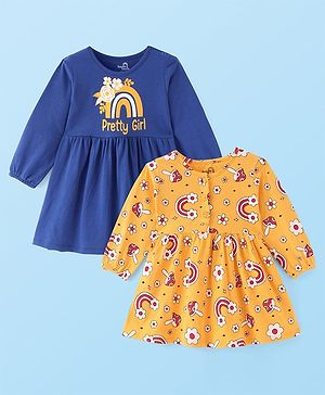 Doodle Poodle Cotton Single Jersey Full Sleeves Frocks with Rainbow & Floral Print Pack of 2 - Blue & Orange