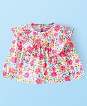 Babyhug Cotton Knit Full Sleeves Top With Frill Detailing Floral Print - Pink